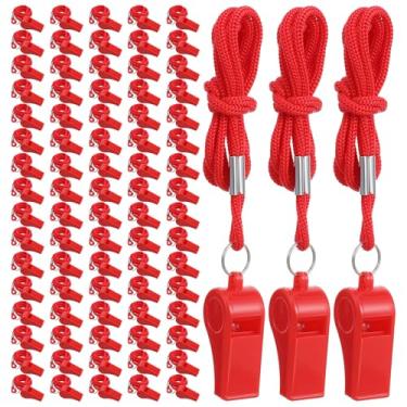 Imagem de MAQUITA 80 apitos de plástico a granel com cordão, apito esportivo vermelho, apito de árbitro alto e nítido para árbitros de esportes ao ar livre, treinamento de funcionários de emergência