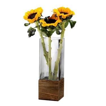 Imagem de Pacote com 2 vasos de vidro de madeira artísticos clássicos com base de madeira, vaso de flores quadrado, estilo boho rústico para lareira, quarto, cozinha, sala de estar, mesa de escritório (25,4 x 8