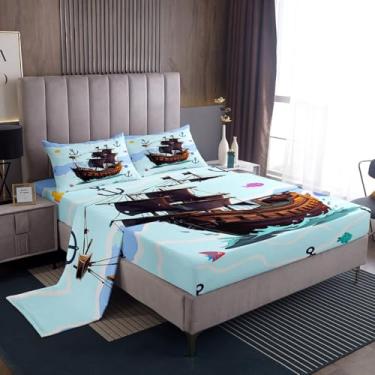 Imagem de Jogo de lençol casal com estampa de âncora de navio pirata, lençol com elástico, 1 lençol de cima, 1 lençol com elástico, 2 fronhas