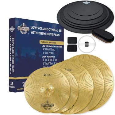 Imagem de Rhythm Bytes Pacote de pratos com almofadas silenciadoras de bateria | Conjunto de 12 peças de pratos e almofadas silenciadoras de tambor, pratos silenciosos de 35,6 cm/40,6 cm/45,7 cm/50,8 cm | Drum