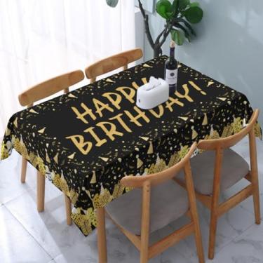 Imagem de Toalha de mesa retangular de aniversário, 152 x 203 cm, caixa de presente dourada preta, estampa de fita de feliz aniversário, toalha de mesa decorativa sazonal festiva rústica para decoração de festa