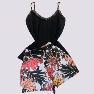 Imagem de Conjunto Feminino Blusa perolas Short Estampado cinto 0235 - Bellucy M