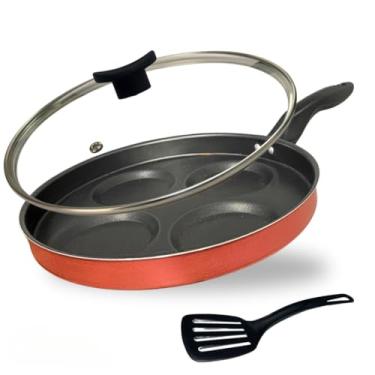 Imagem de Frigideira 26 cm 4 Ovos Hamburguer Antiaderente Teflon Tampa de Vidro Espátula Cor Vermelho Grafite