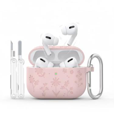 Imagem de Capa de fone de ouvido para AirPods Pro 3, inclui chaveiro e acessórios de limpeza, lindo design de gravação em flor de cerejeira rosa, silicone macio à prova de choque.