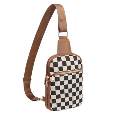 Imagem de Bolsa tiracolo feminina xadrez listrada pochete bolsa de peito para compras no trabalho, Marrom (bolsa de peito) - Design afiado