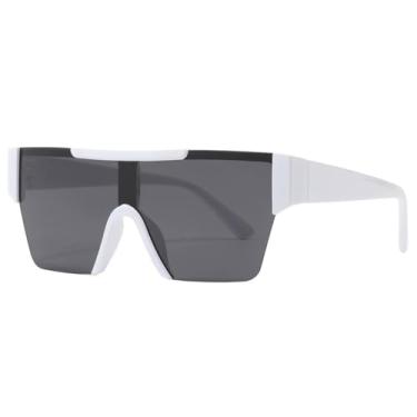 Imagem de Óculos de sol unissex com armação grande e hastes largas, ideais para esportes ao ar livre como corrida e ciclismo, nas cores branco e cinza.
