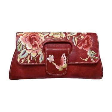 Imagem de IAMUHI Bolsa feminina vintage bordada para noite bolsa de mão de couro sintético com aba pequena bolsa bolsa de ombro, Vermelho A, One Size