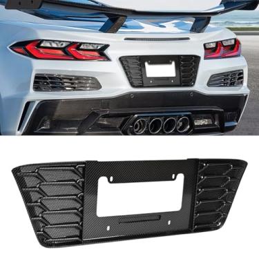 Imagem de BILLFARO Moldura de placa traseira, padrão de fibra de carbono, base de placa de licença traseira para porta-malas, cobertura de inserção de ventilação, acessórios para Corvette C8 Z06 2023+ e para C8