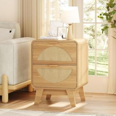 Imagem de Maupvit Mesa de cabeceira com estação de carregamento, mesa de vime boho com 2 gavetas, mesa de canto moderna de meados do século com armazenamento, suporte de cabeceira de madeira para quarto, sala