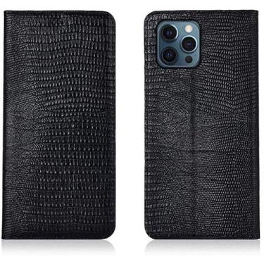 Imagem de ZEDEVB Capa de couro à prova de choque para Apple iPhone 12 Pro Max (2020) 6,7 polegadas, capa de telefone flip de atração magnética com padrão de lagarto [Suporte][Slot para cartão] (Cor: Preto)