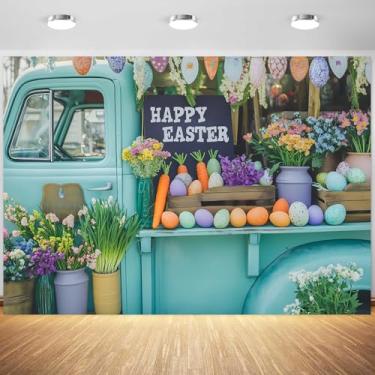 Imagem de 2,1 x 1,5 m Fundo de Feliz Páscoa Flores Primavera Cenoura Ovos Grama Retrô Azul-petróleo Caminhão Fotografia Fundo de Páscoa Decorações de Festa de Aniversário Igreja Evento Banner Foto Studio