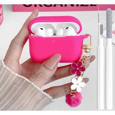 Imagem de Linda capa para Airpods Pro 2ª/1ª geração para meninas e mulheres com chaveiro e kit de limpeza, capa protetora de silicone macio para Airpods Pro 2/1 geração 2019/2023/2022 rosa rosa