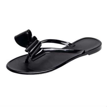 Imagem de OMGard Sandálias femininas cravejadas com laço, chinelos de gelatina feminina, bege, geléias, rasteiras, verão, praia, tanga com rebites, chinelos elegantes sem cadarço, Preto, 38