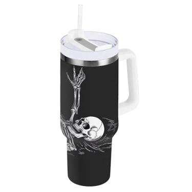 Imagem de SEHANY Copo Skull Gothic de 1,134 g com alça, copo isolado de aço inoxidável de parede dupla, à prova de vazamento, caneca de café isolada para viagem, cabe no suporte de copo de carro