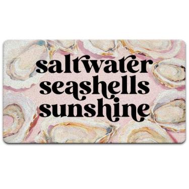 Imagem de Exqcom Tapete de porta de ostra de praia rosa preppy, capacho de concha costeira para entrada interna e externa, tapetes de boas-vindas náuticos para porta da frente externa, 43 x 76 cm