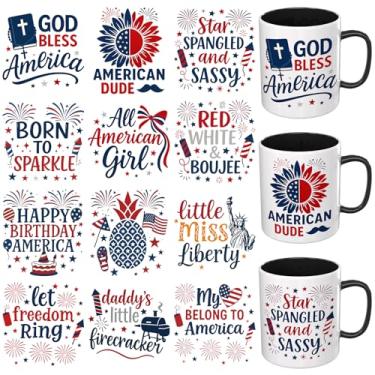 Imagem de Dorsbaby Adesivos UV DTF - 12 folhas 4 de julho DTF Cup Wrap para canecas de café de vidro (citações de sublimação de 4 de julho)
