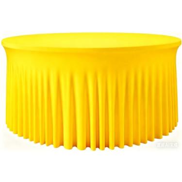 Imagem de Fixoro Pacote com 2 toalhas de mesa de elastano amarelo para mesa redonda de 152 cm, toalha de mesa elástica de 300 cm, capa de mesa sem rugas com saia para aniversário, casamento, banquete, decoração