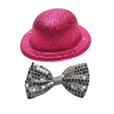 Imagem de Mini Chapéu Glitter Mais Gravata Borboleta Brilhe No Carnaval Rosa e Prata