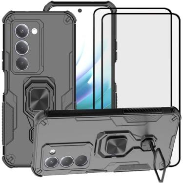 Imagem de LosruGir Capa para Xiaomi Redmi 15 4G, armadura híbrida resistente à prova de choque Defender Kickstand capa traseira rígida com protetor de tela de vidro temperado, preta