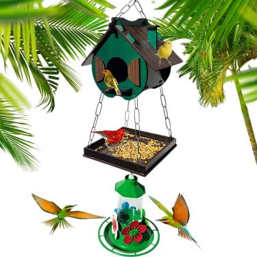 Imagem de Comedouro e Bebedouro para Pássaros Silvestres + Bebedouro para Beija-flor – MDF Artesanal, Edição Limitada, Decoração para Jardim(Verde)