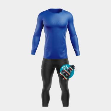 Imagem de Conjunto de Ciclismo Masculino Camisa Manga Longa Azul Bic Proteção Uv e Calça Forro Gel-Masculino