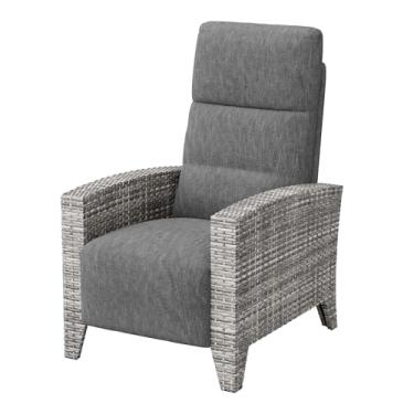 Imagem de Poltrona reclinável de vime, cadeiras de pátio reclináveis de 175° com encosto ajustável e apoio para os pés, cadeiras de vime resistentes às intempéries com mesa lateral dobrável para varanda de deck