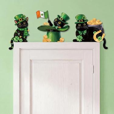 Imagem de Bucherry Conjunto de 3 decoração de canto de porta de gato de madeira do Dia de São Patrício, decorações de parede de gato preto da sorte com tema verde trevo, decoração de madeira com pontos adesivos