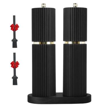 Imagem de SHIYONG Conjunto de moedor de sal e pimenta de madeira com detalhes dourados, bandeja de manivela de moagem grossa ajustável recarregável (sem 2 pincéis pequenos) (preto e preto)