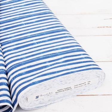 Imagem de Tecido acolchoado de algodão premium com corte de 3 jardas vendido por The Yard - Coleção Vintage Threads - 111,8 cm de largura - 100% algodão - Quilting, costura, artesanato - Listra azul média