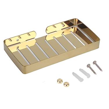 Imagem de Rack de sabão de aço inoxidável para montagem na parede, prateleira durável para drenagem de sabão à prova de ferrugem com ganchos para banheiro, cozinha, preto, prata e ouro (Ouro)