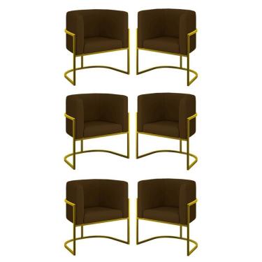 Imagem de Kit 06 Poltronas Lua Sala Decorativa Base Ferro Gold Corino Marrom