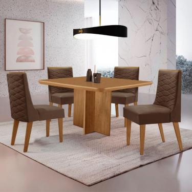Imagem de Mesa Olimpia 90 Mdf Canto Copo E Com 4 Cadeiras Safira Veludo Marrom/naturalle/naturalle