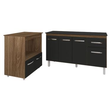 Imagem de Armário Gabinete Camila 138 cm com Tampo Tampão e Balcão Amanda para Forno e Microondas Savana e Preto