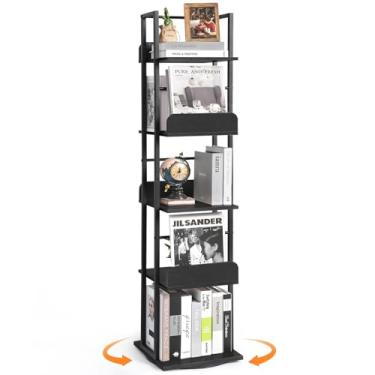 Imagem de Bikoney Estante rotativa, estante de livros de 5 andares, torre para canto, estante pequena e estreita, estante industrial alta, madeira e metal preta