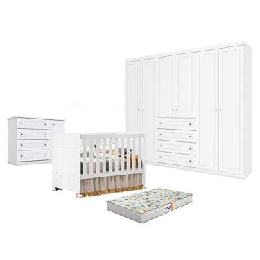 Imagem de Quarto De Bebê Americano 6 Portas Com Berço Americano Katatau Branco Acetinado - Reller - Henn E Colchão Gazin