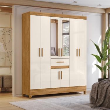 Imagem de Guarda Roupa Solteiro Roupeiro Streep 8 Portas 1 Gaveta MDP com Espelho Freijo Off White Naturale Branco