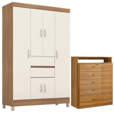 Imagem de Kit Guarda Roupa Solteiro e Cômoda Ecom II 6 Portas de Bater 2 Gavetas MDP Amêndola Touch Off White Demóbile