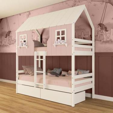 Imagem de Beliche Casinha Encantada Com 02 Gavetas Madeira Maciça Rosa/ Branco M