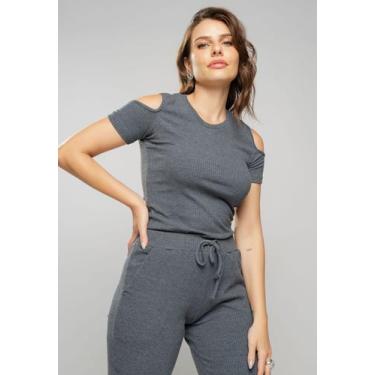 Imagem de Blusa Canelada Manga Curta Ombro Vazado Grafite Salvatore, Grafite, P