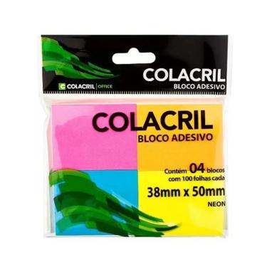 Imagem de Bloco Adesivo Colacril para Anotações Rápidas Reciclável 38MM X 50MM 100 Folhas 4 Cores Neon