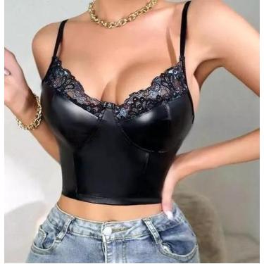 Imagem de N-G0205-Blusa Top Cropped Corpete Corselet Renda Couro Preto 137z - Xu