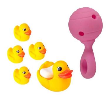 Imagem de Kit Chocalho E Mordedor Bola + 5 Patinhos Para Banho do Bebê - Bee Toy