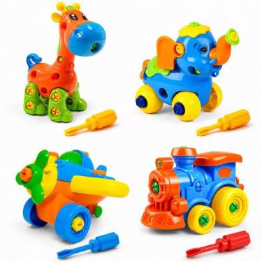 Imagem de 4 Brinquedos Pedagógicos Girafa Elefante Trem Avião de Montar Chave e 