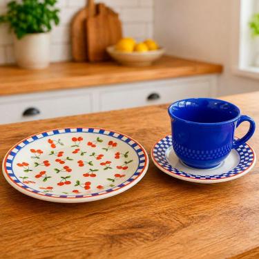 Imagem de Jogo de Café e Lanche Oxford Cerâmica 24 Peças Jardim Cerejas Azul Donna