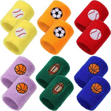 Imagem de 24 peças de pulseiras esportivas para crianças, pulseiras coloridas de tecido felpudo com design de futebol basquete futebol beisebol para festas esportivas, lembrancinhas de festa de aniversário, 6 cores (cor esportiva)