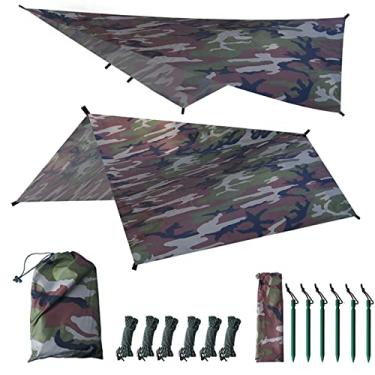 Imagem de Foern Lona de acampamento portátil, tapete de piquenique, lona de acampamento, lona de rede de acampamento, PU 3000 impermeável lona para acampamento, mochila aventura ao ar livre, camuflagem, 3 x 2,4 m