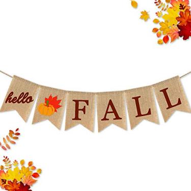 Imagem de Decoração de mantel de dia de Ação de Graças com abóbora Hello Fall Banner da 7-gost Burlap