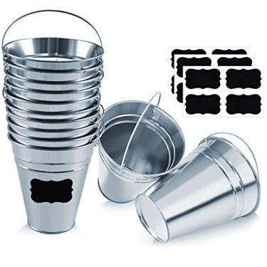 Imagem de Baldes de metal galvanizado – Balde de metal para decoração de festa com etiqueta de quadro-negro – Conjunto de 12 baldes com 12 etiquetas de quadro-negro