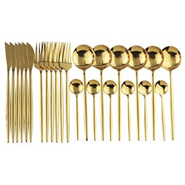 Imagem de Conjunto de talheres de 24 peças JANKNG, conjunto de talheres de aço inoxidável 18/0, garfo de faca, colher de chá, conjunto de talheres de prata, serviço para 6, Dourado, 6