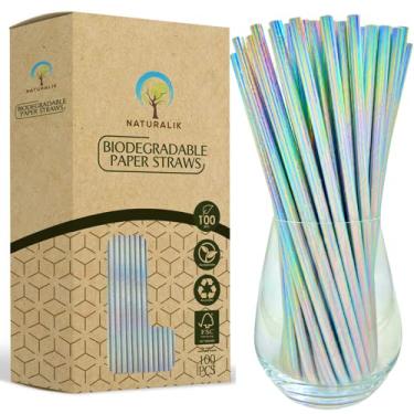 Imagem de Naturalik 100-Pack Extra Durable Iridescent Paper Straws Biodegradable- Premium Eco-Friendly Paper Straws Bulk- Drinking Straws for Juices, Restaurants and Party supplies, 7.7" (Silver, 100ct)